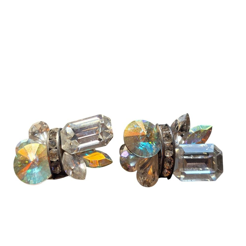 Vintage Aurora Borealis Rhinestone Clip-On‎ Earrings 1.5"